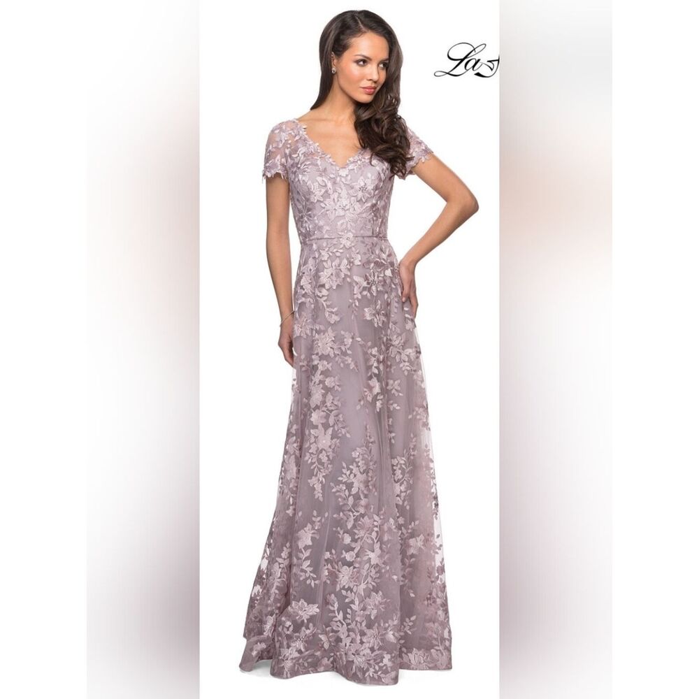 La Femme 27870 Sheer Sleeves Embroidered Gown NWT Size 16 Antique Blush/Pink